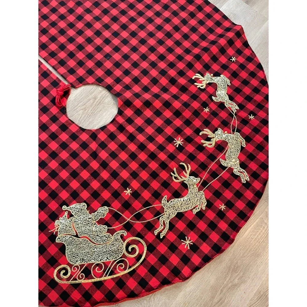 Jingles Joy Red Black Buffalo Plaid‎ Christmas Tree Skirt Santa Sleigh Reindeer